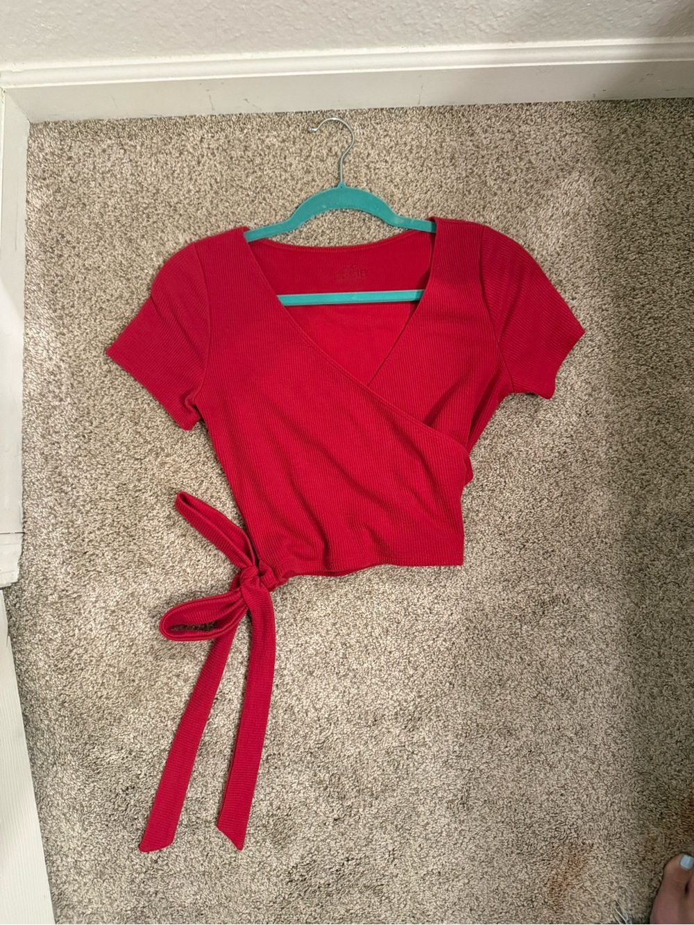 Hollister Red Ribbed Wrap Crop Top with Side Tie